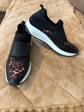 Anne Klein Black and Brown Leopard Slip-On Platform Sneakers